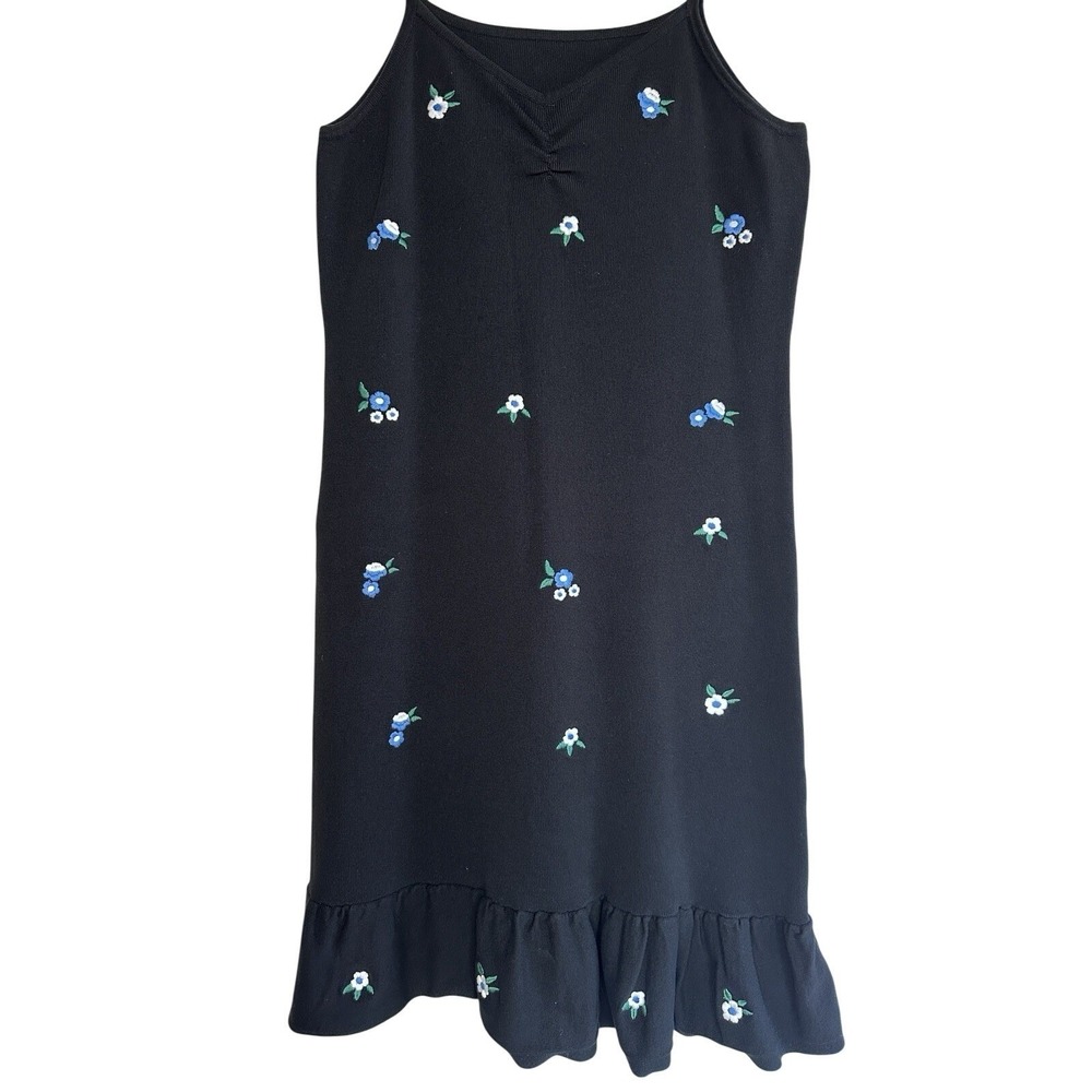 Cider Black Knit Knee-Length Dress Large Floral Embroidery Ruffle Hem Size Large